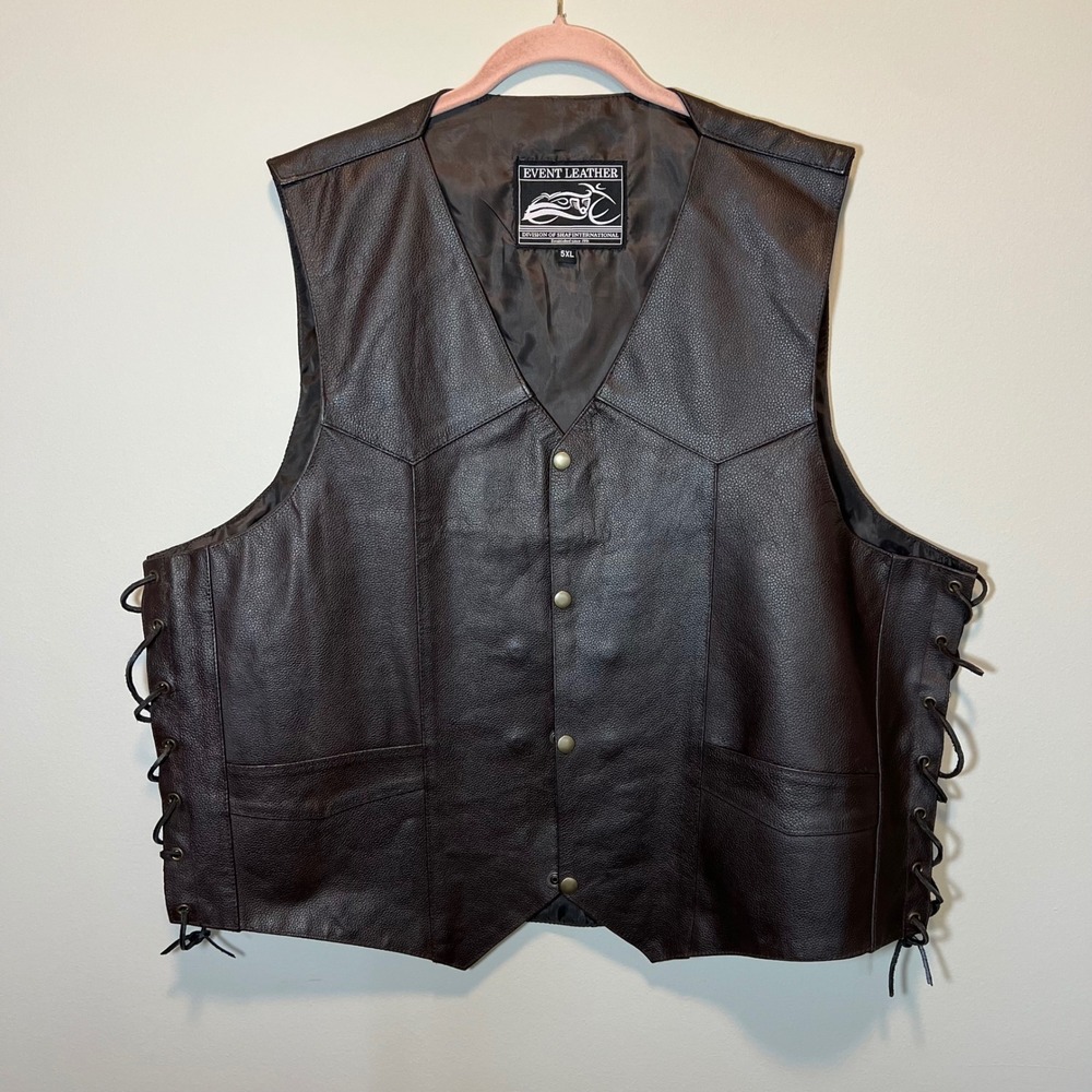 Event Leather‎ Men's 5XL Brown Leather Motorcycle Vest Embossed Eagle Side Lace